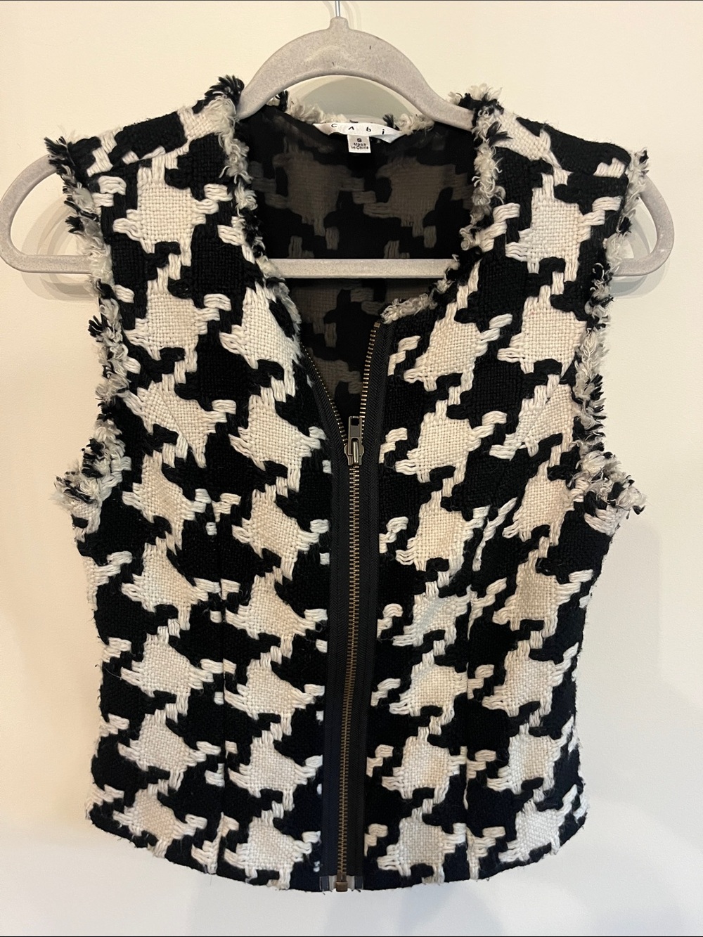 CAbi Black & White Houndstooth Zip Front Tweed Vest